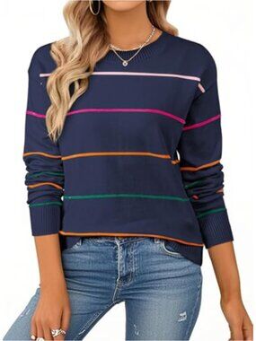 Women's Striped Crew Neck Knit Sweater Long Sleeve Loose Fit Pullover